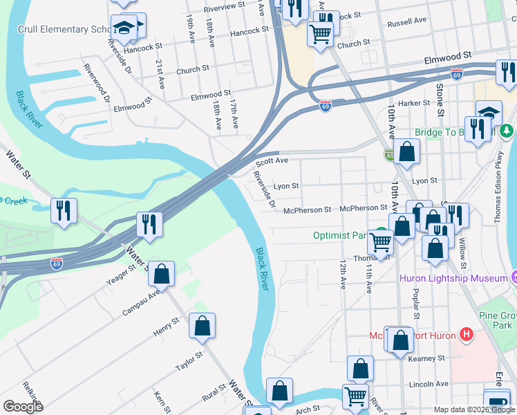 map of restaurants, bars, coffee shops, grocery stores, and more near 1760 McPherson Street in Port Huron
