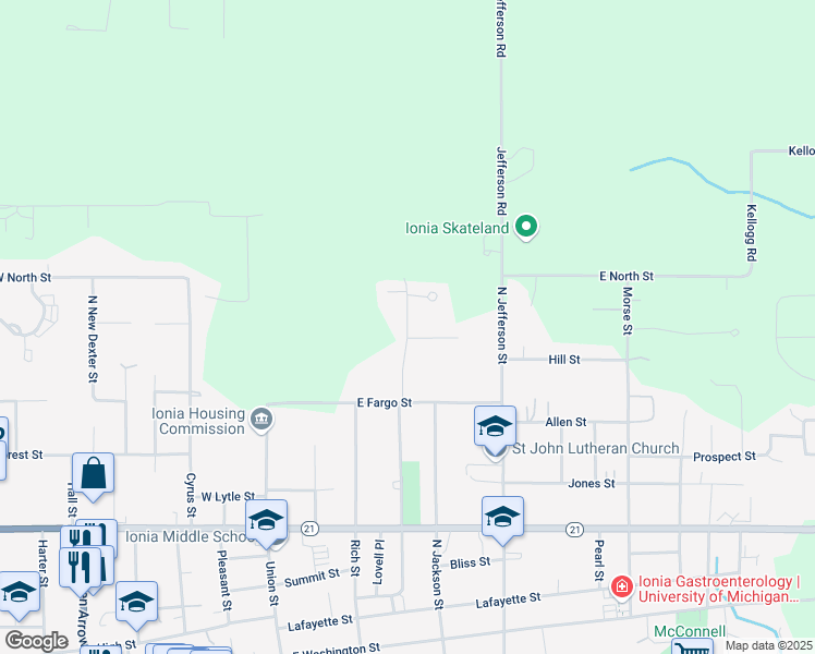 map of restaurants, bars, coffee shops, grocery stores, and more near 765 Ridgewood Drive in Ionia