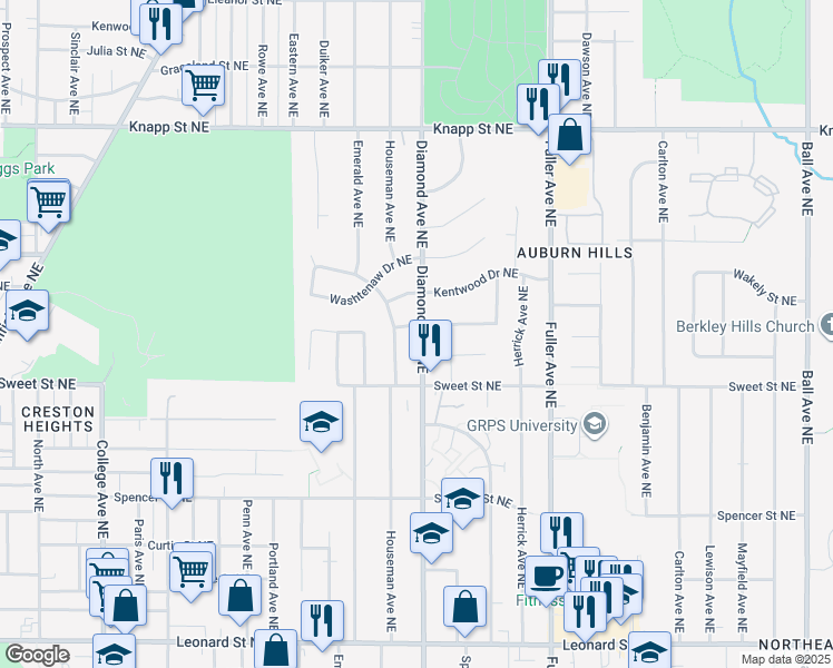 map of restaurants, bars, coffee shops, grocery stores, and more near 1646 Country Club Drive Northeast in Grand Rapids