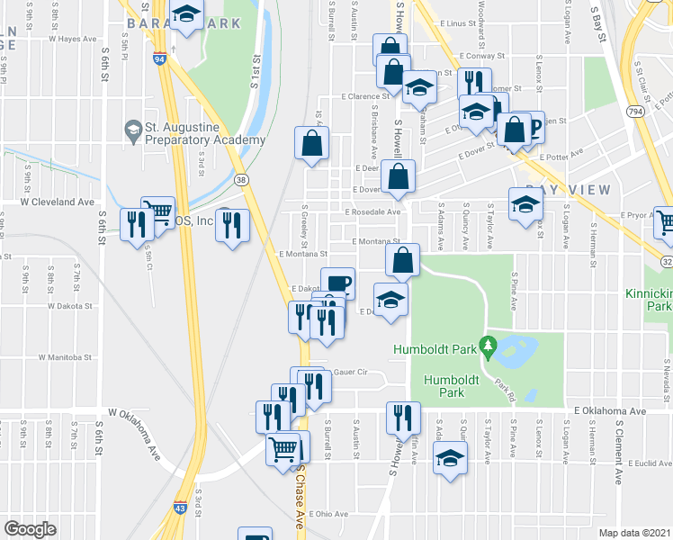 map of restaurants, bars, coffee shops, grocery stores, and more near 2832 South Burrell Street in Milwaukee