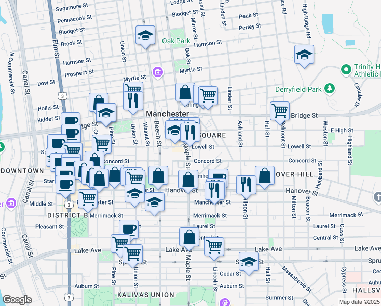 map of restaurants, bars, coffee shops, grocery stores, and more near 497 Maple Street in Manchester