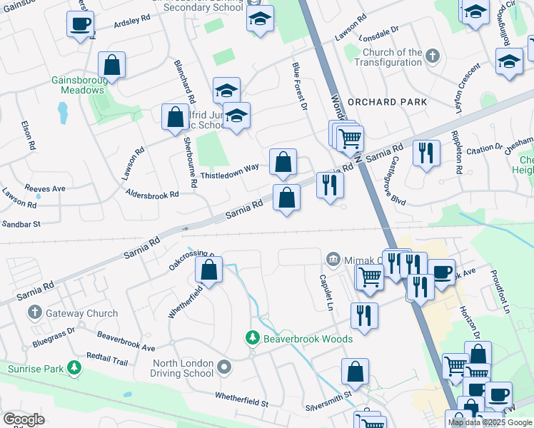 map of restaurants, bars, coffee shops, grocery stores, and more near 550 Sarnia Road in London