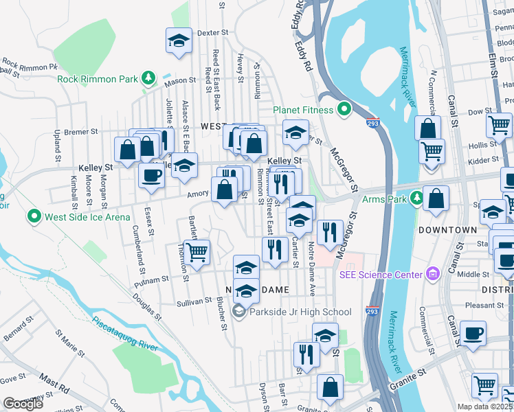 map of restaurants, bars, coffee shops, grocery stores, and more near 210 Amory Street in Manchester