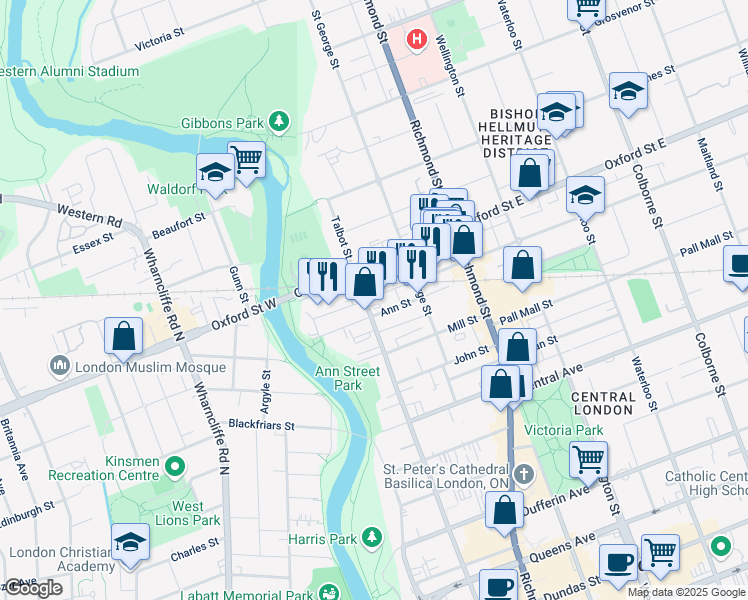 map of restaurants, bars, coffee shops, grocery stores, and more near 736 Talbot Street in London