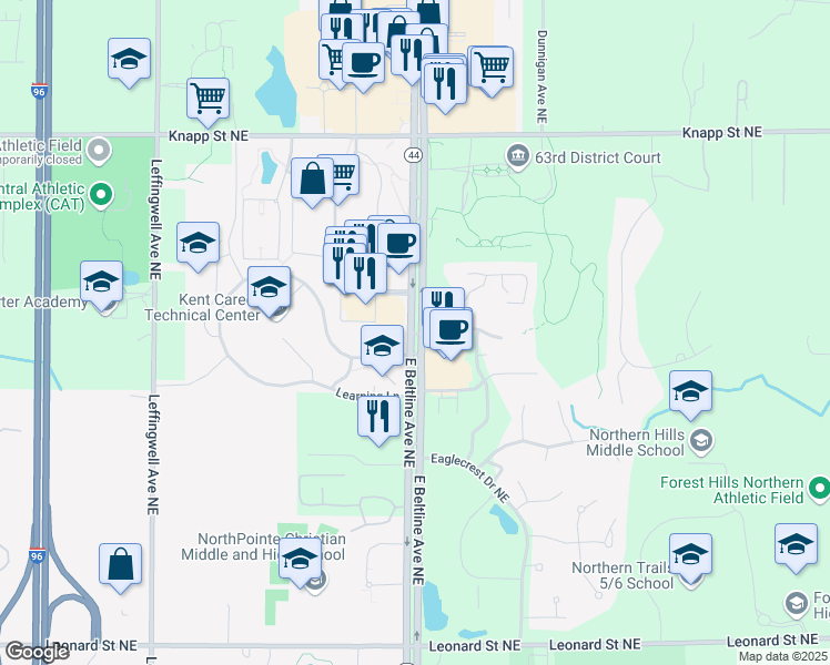 map of restaurants, bars, coffee shops, grocery stores, and more near 1700 East Beltline Avenue Northeast in Grand Rapids