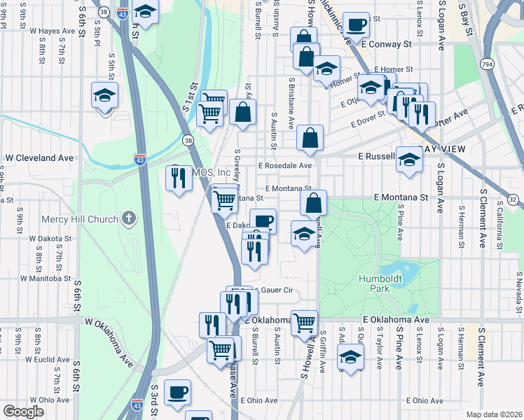 map of restaurants, bars, coffee shops, grocery stores, and more near 2832 South Burrell Street in Milwaukee