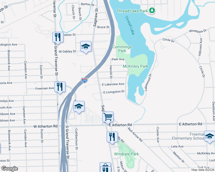 map of restaurants, bars, coffee shops, grocery stores, and more near 128 East Lakeview Avenue in Flint