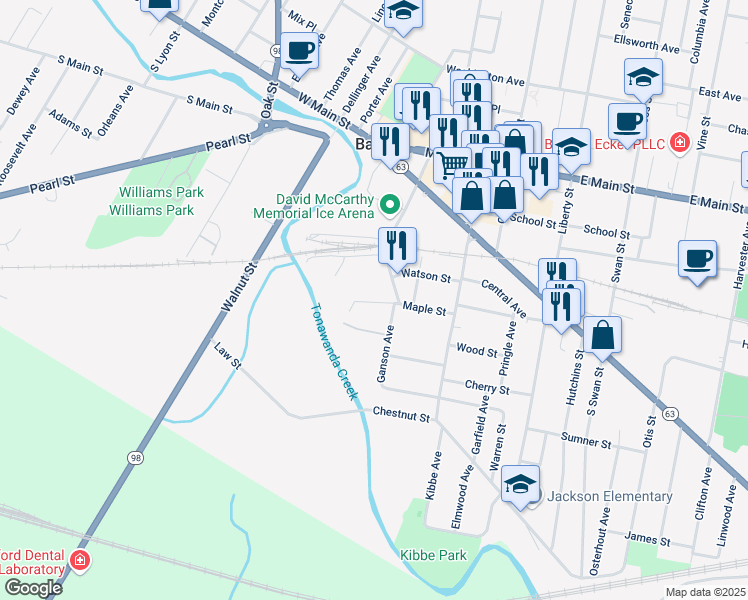 map of restaurants, bars, coffee shops, grocery stores, and more near 35 Maple Street in Batavia