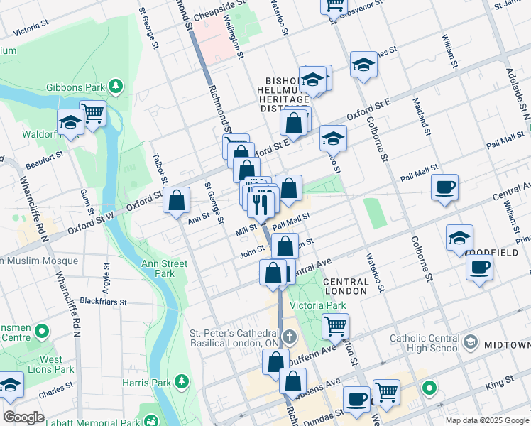 map of restaurants, bars, coffee shops, grocery stores, and more near in London