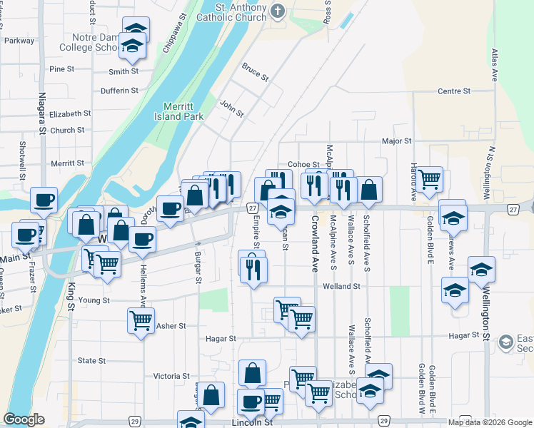 map of restaurants, bars, coffee shops, grocery stores, and more near 411 East Main Street in Welland