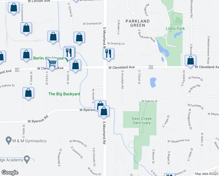 map of restaurants, bars, coffee shops, grocery stores, and more near 2810 South Moorland Road in New Berlin