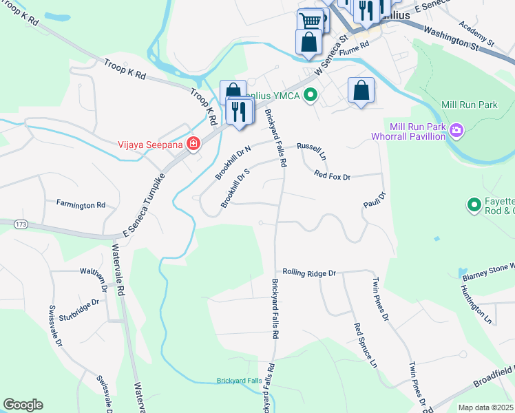 map of restaurants, bars, coffee shops, grocery stores, and more near 7804 Ravenswood Lane in Manlius