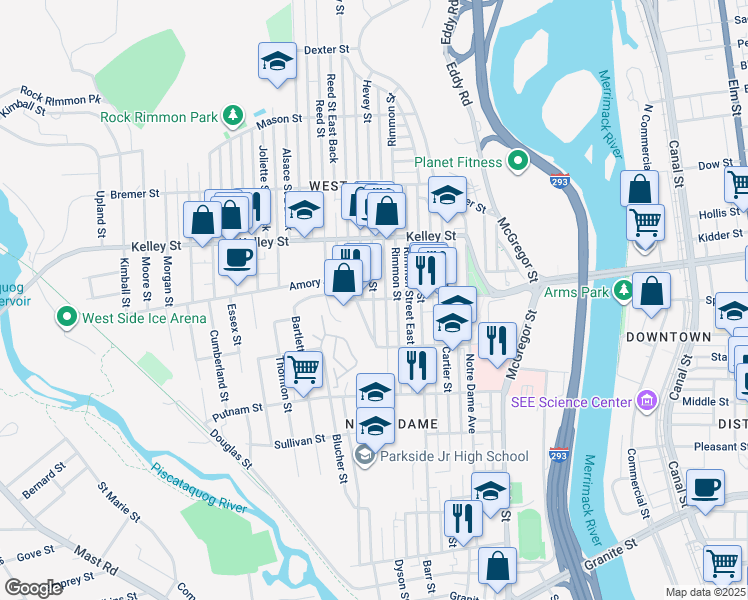 map of restaurants, bars, coffee shops, grocery stores, and more near 238 Amory Street in Manchester
