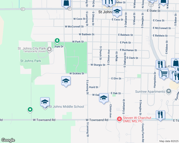 map of restaurants, bars, coffee shops, grocery stores, and more near 807 South Lansing Street in Saint Johns