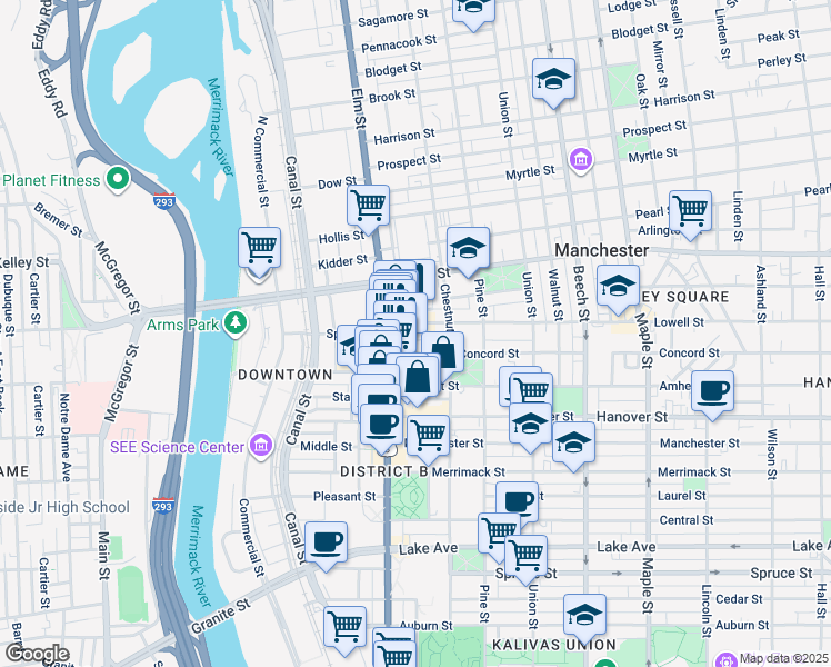 map of restaurants, bars, coffee shops, grocery stores, and more near 52 Concord Street in Manchester