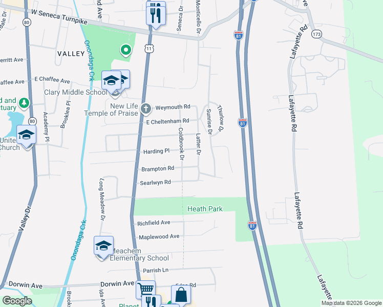 map of restaurants, bars, coffee shops, grocery stores, and more near 514 Coldbrook Drive in Syracuse