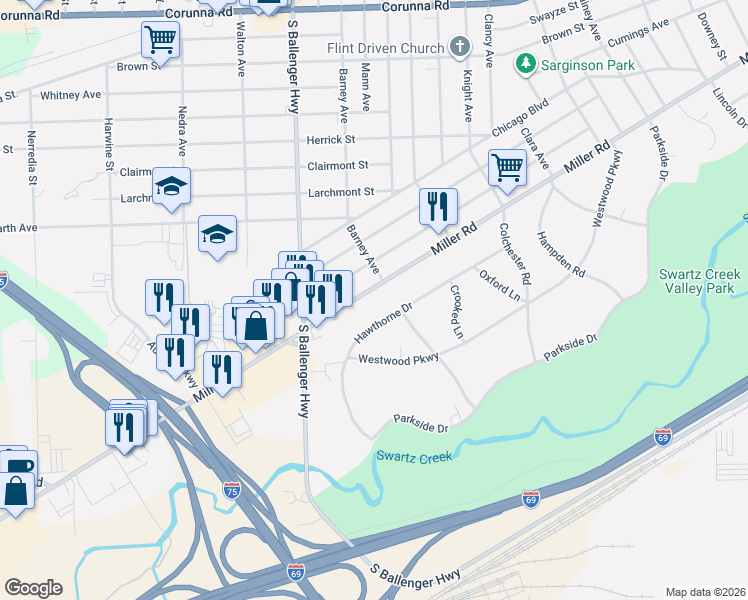 map of restaurants, bars, coffee shops, grocery stores, and more near 3420 Hawthorne Drive in Flint