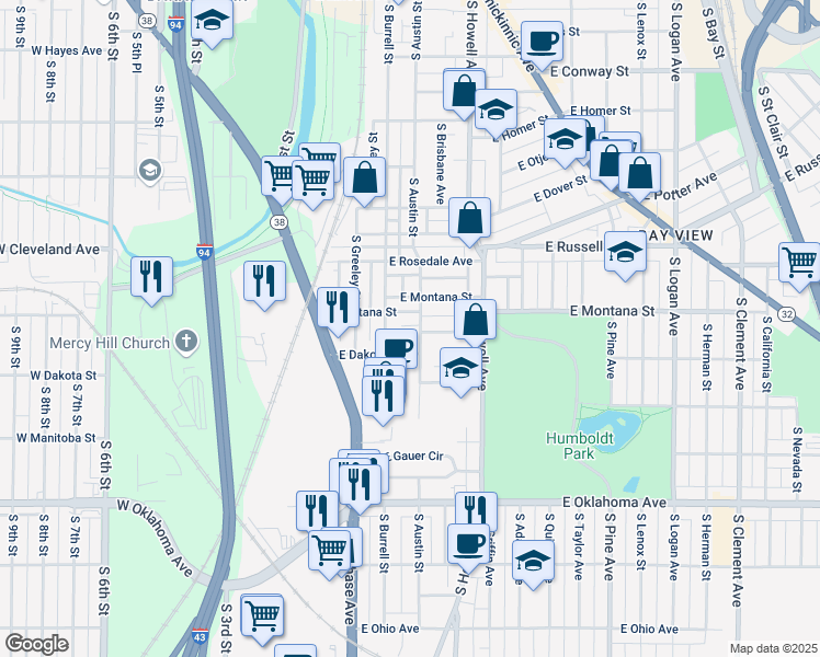 map of restaurants, bars, coffee shops, grocery stores, and more near 2832 South Burrell Street in Milwaukee
