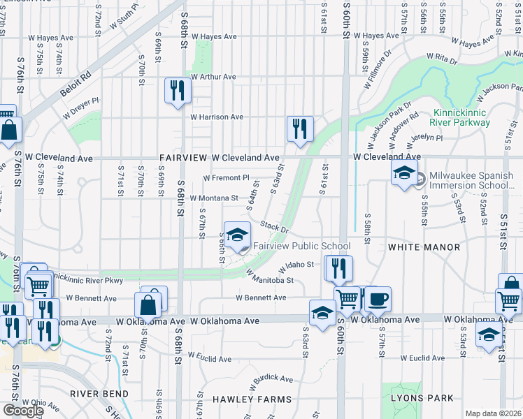 map of restaurants, bars, coffee shops, grocery stores, and more near 6318 West Stack Drive in Milwaukee