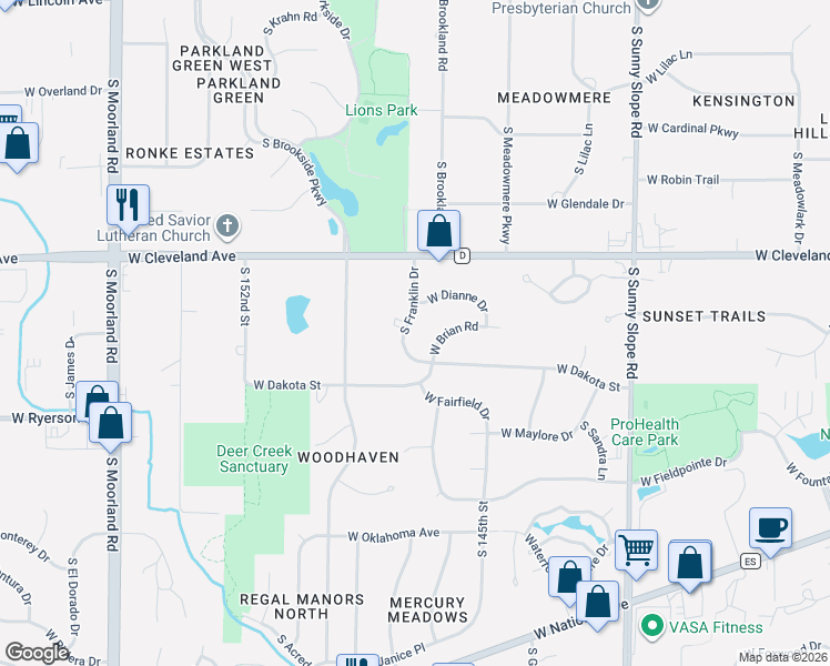 map of restaurants, bars, coffee shops, grocery stores, and more near 2848 South Franklin Drive in New Berlin