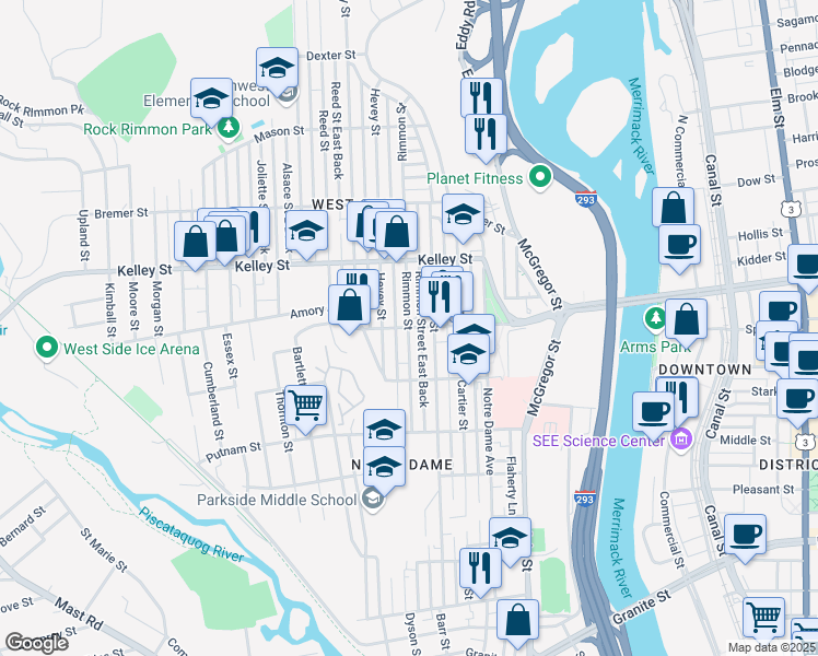 map of restaurants, bars, coffee shops, grocery stores, and more near 429 Rimmon Street in Manchester