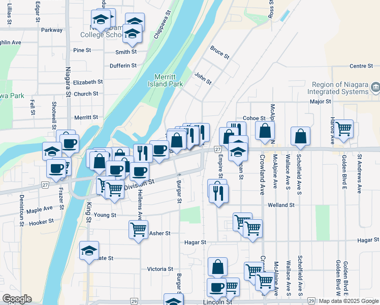 map of restaurants, bars, coffee shops, grocery stores, and more near 268 East Main Street in Welland