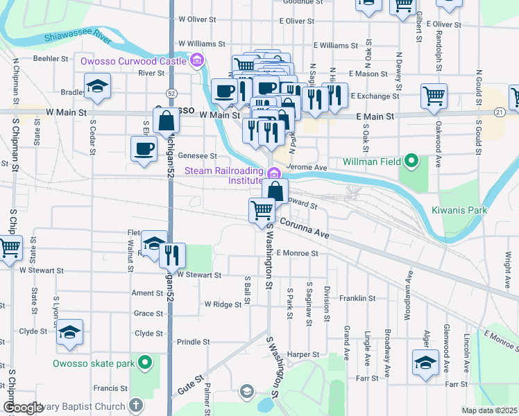 map of restaurants, bars, coffee shops, grocery stores, and more near 207 North Dewey Street in Owosso