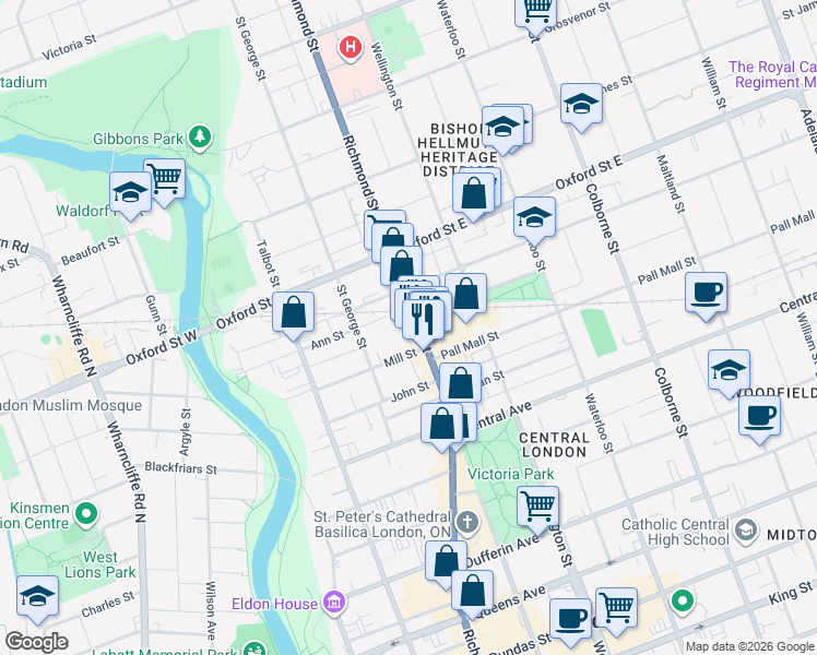 map of restaurants, bars, coffee shops, grocery stores, and more near 691 Richmond Street in London
