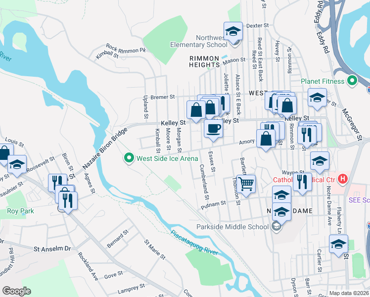 map of restaurants, bars, coffee shops, grocery stores, and more near 612 Amory Street in Manchester