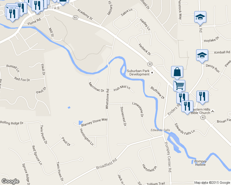 map of restaurants, bars, coffee shops, grocery stores, and more near 8064 Irish Mist Lane in Manlius