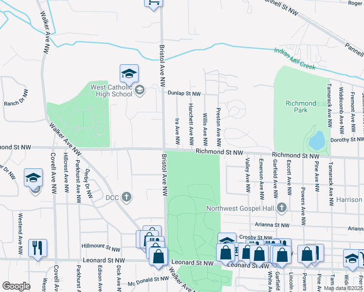 map of restaurants, bars, coffee shops, grocery stores, and more near 1519 Richmond Street Northwest in Grand Rapids