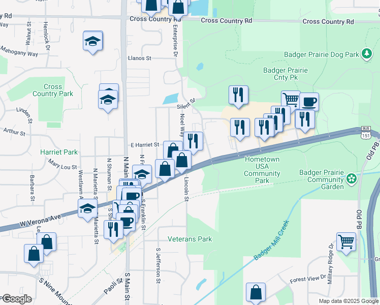 map of restaurants, bars, coffee shops, grocery stores, and more near 430 East Verona Avenue in Verona