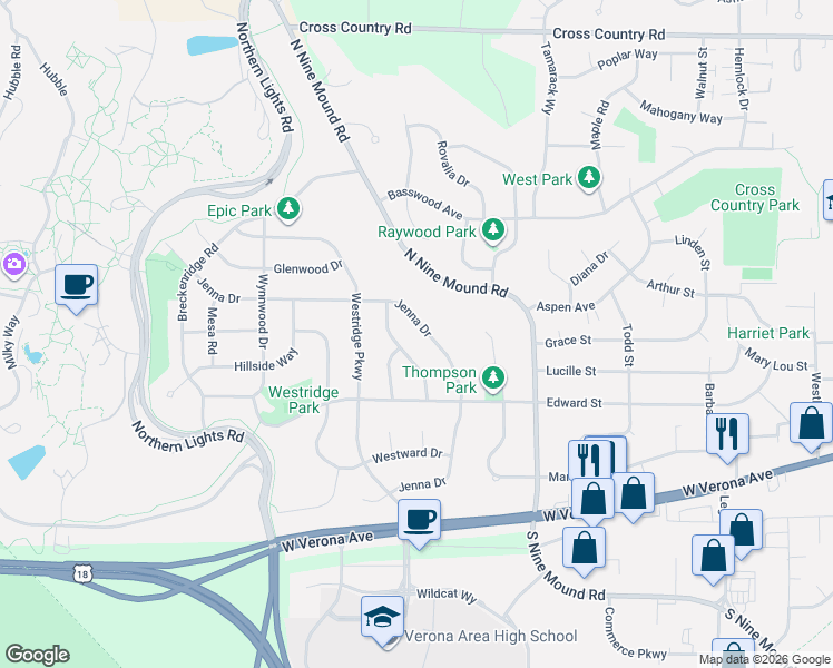 map of restaurants, bars, coffee shops, grocery stores, and more near 315 Amanda Way in Verona