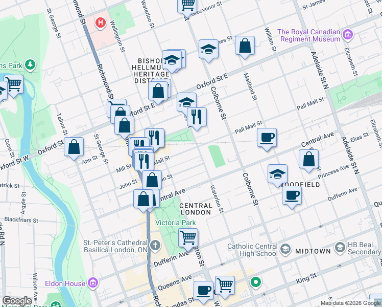 map of restaurants, bars, coffee shops, grocery stores, and more near 321 Pall Mall Street in London