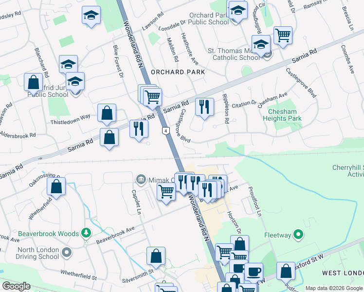 map of restaurants, bars, coffee shops, grocery stores, and more near 475 Castlegrove Boulevard in London