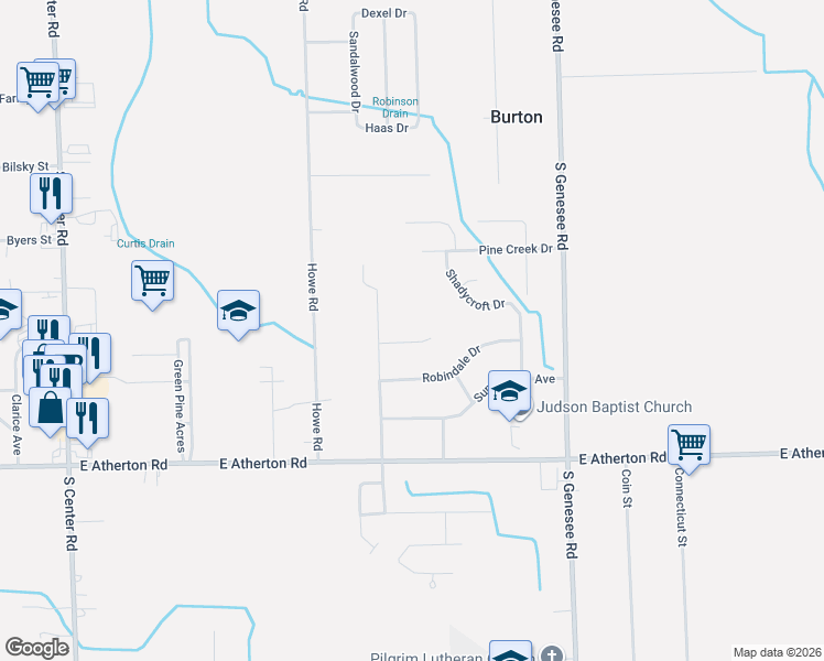 map of restaurants, bars, coffee shops, grocery stores, and more near 4367 Chicory Lane in Burton