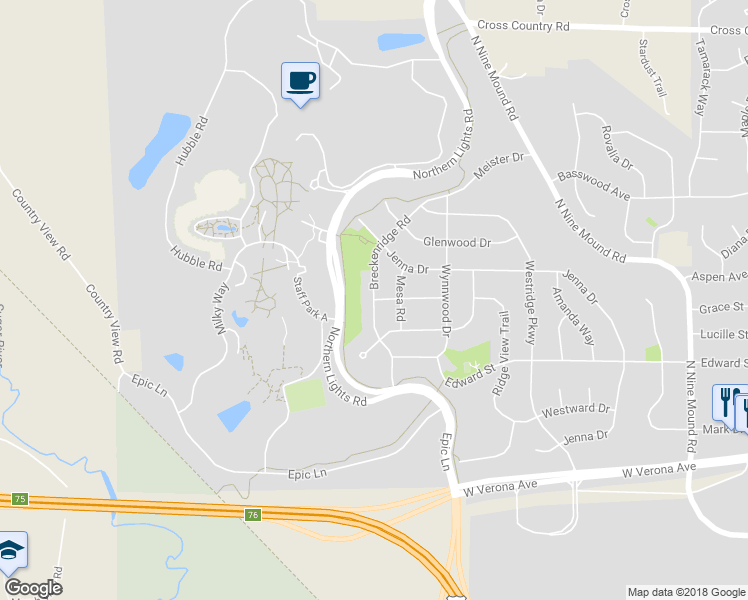 map of restaurants, bars, coffee shops, grocery stores, and more near 348 Breckenridge Road in Verona