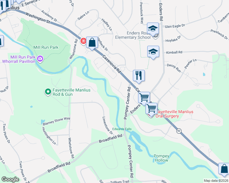 map of restaurants, bars, coffee shops, grocery stores, and more near 8197 Bluffview Drive in Manlius