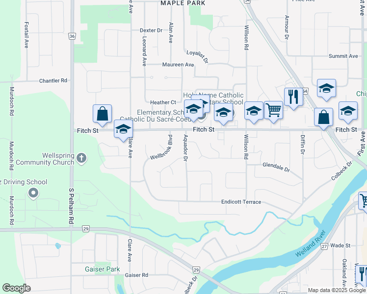 map of restaurants, bars, coffee shops, grocery stores, and more near 23 Aquador Drive in Welland