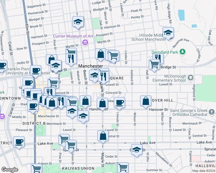 map of restaurants, bars, coffee shops, grocery stores, and more near 268 Concord Street in Manchester