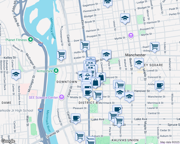 map of restaurants, bars, coffee shops, grocery stores, and more near in Manchester