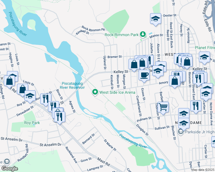 map of restaurants, bars, coffee shops, grocery stores, and more near 745 Amory Street in Manchester
