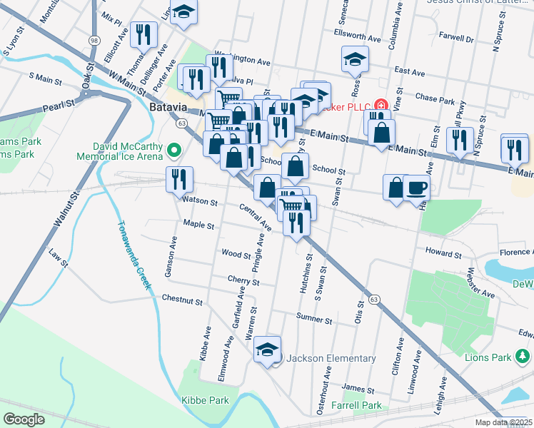 map of restaurants, bars, coffee shops, grocery stores, and more near 39 Central Avenue in Batavia