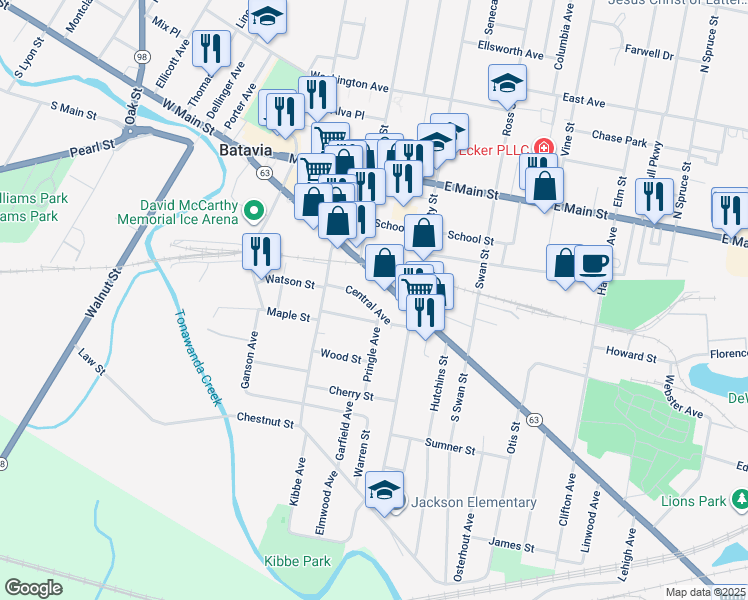 map of restaurants, bars, coffee shops, grocery stores, and more near 39 Central Avenue in Batavia