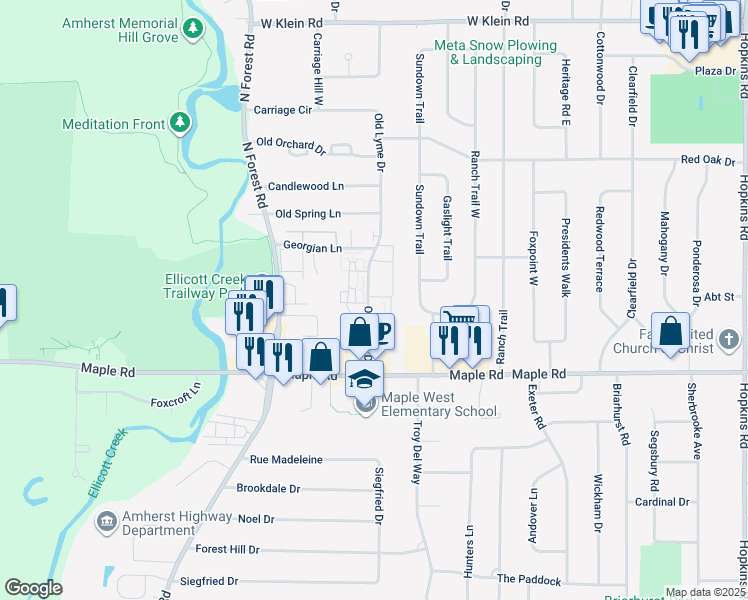 map of restaurants, bars, coffee shops, grocery stores, and more near 72 Old Lyme Drive in Buffalo
