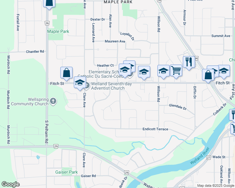 map of restaurants, bars, coffee shops, grocery stores, and more near 32 Aquador Drive in Welland