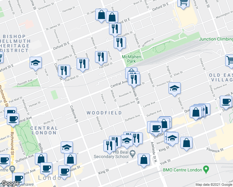 map of restaurants, bars, coffee shops, grocery stores, and more near 567 William Street in London