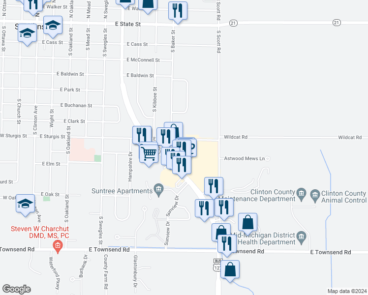 map of restaurants, bars, coffee shops, grocery stores, and more near 907 U.S. 127 Business in Saint Johns
