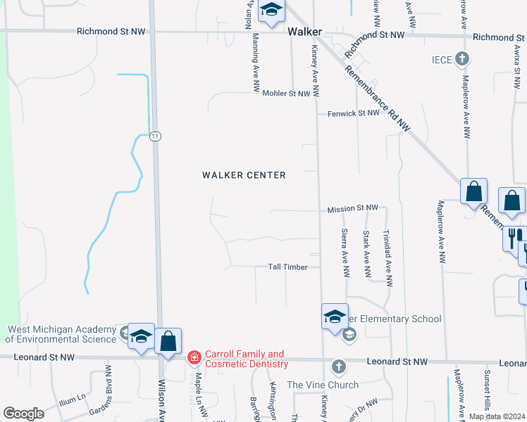 map of restaurants, bars, coffee shops, grocery stores, and more near 4115 Shannon Street Northwest in Grand Rapids