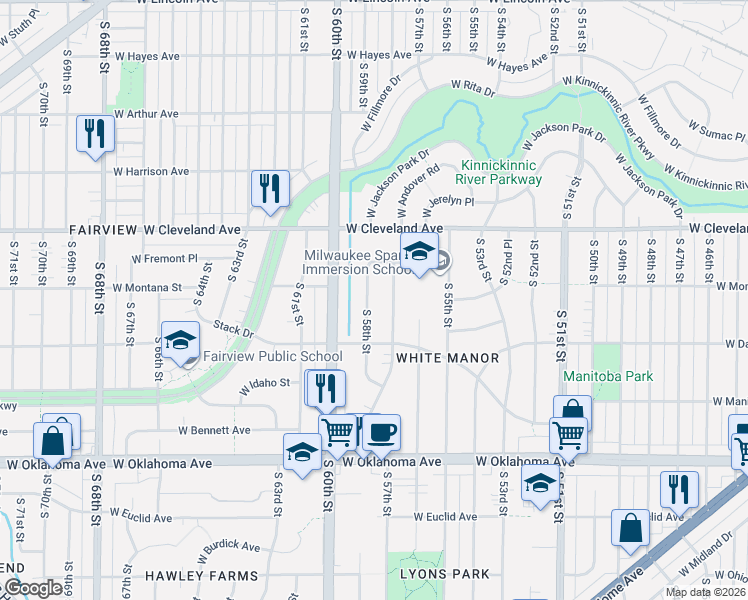 map of restaurants, bars, coffee shops, grocery stores, and more near 2827 South 57th Street in Milwaukee
